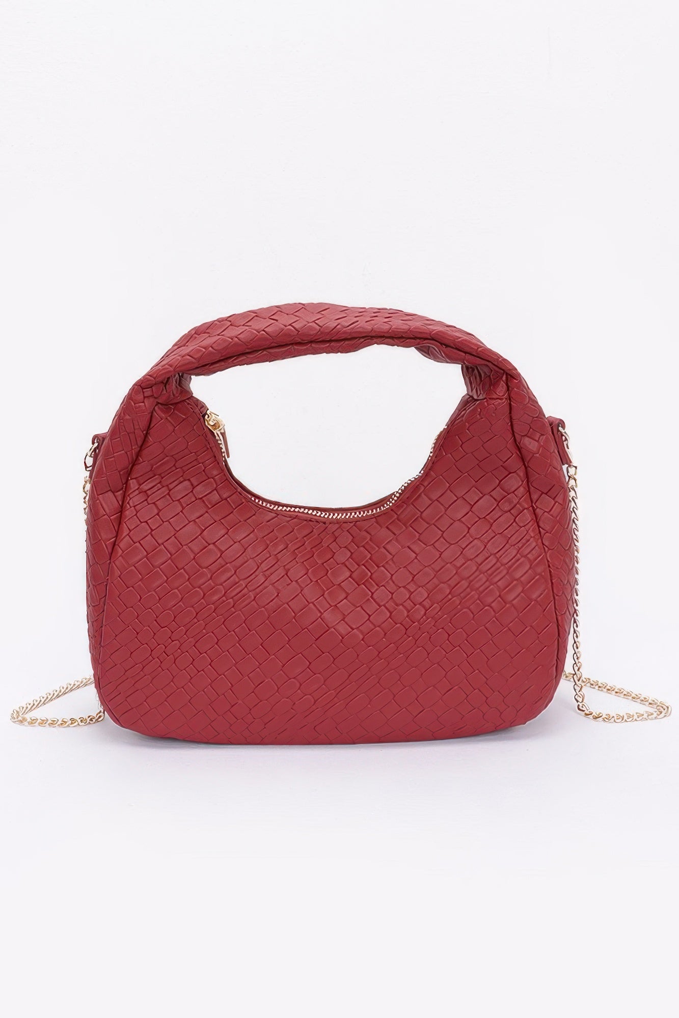 Embossed faux leather hobo bag in burgundy with chain shoulder strap and zipper trim