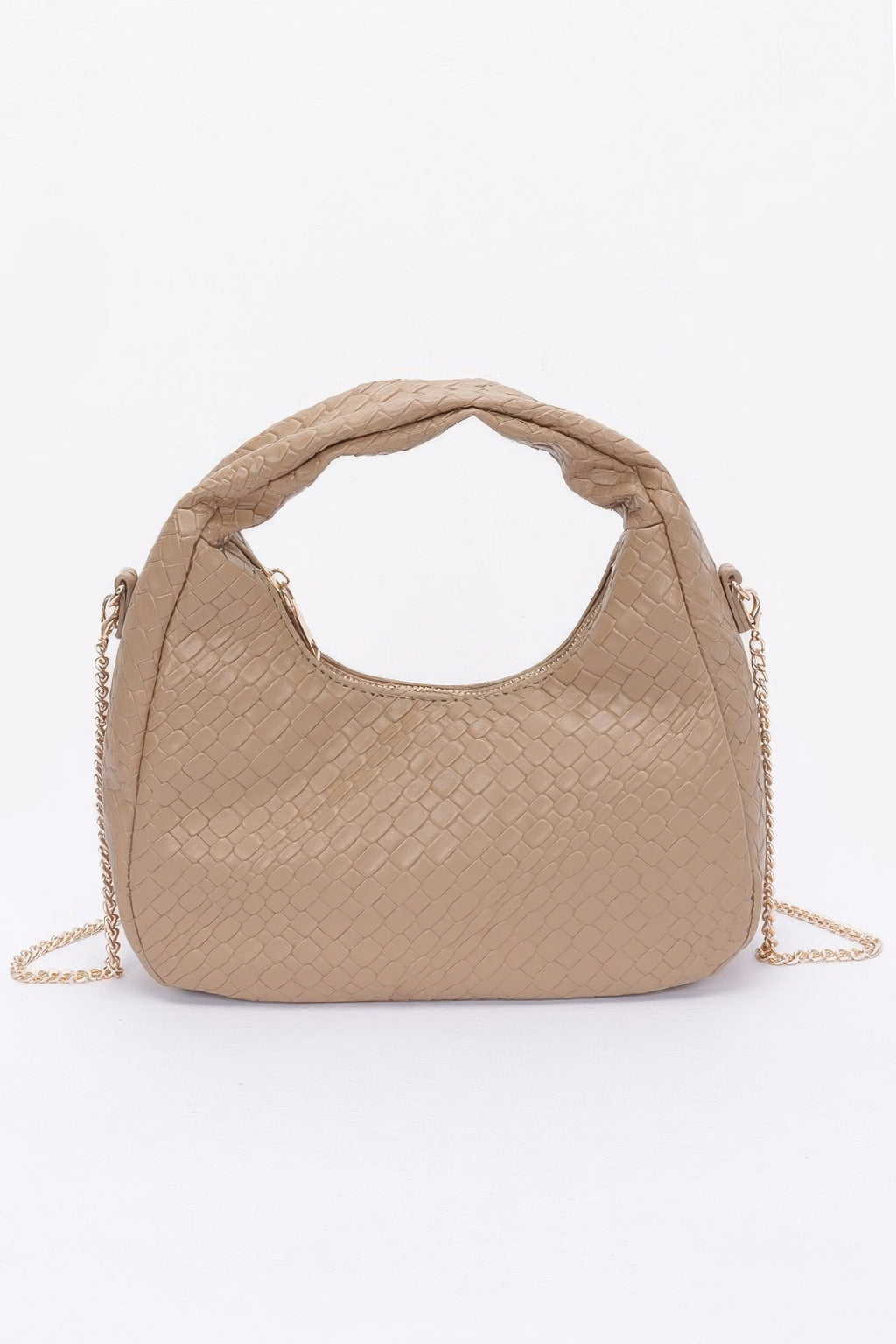 Embossed faux leather hobo bag in khaki/beige with chain strap and top handle