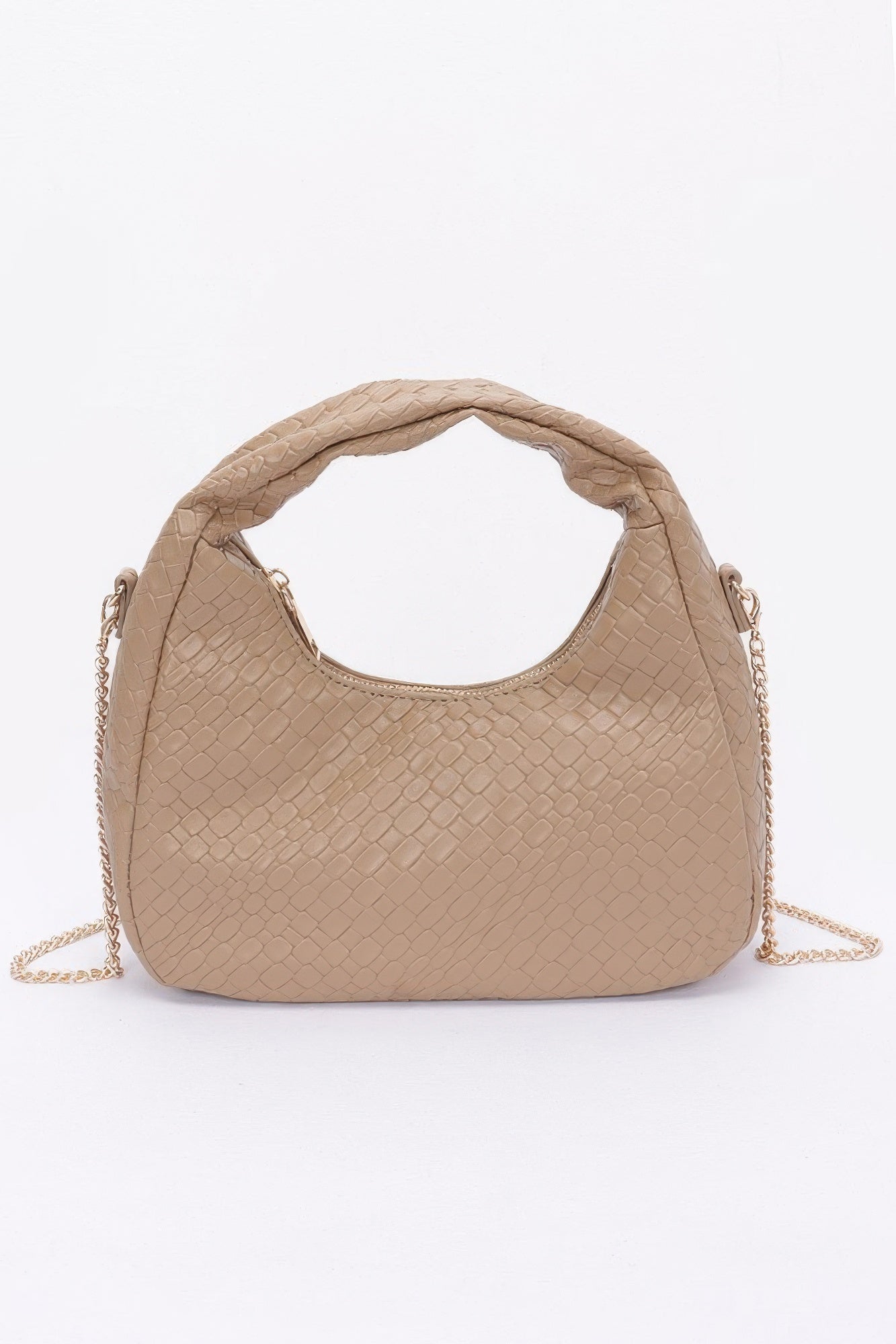 Embossed faux leather hobo bag in khaki/beige with chain strap and top handle