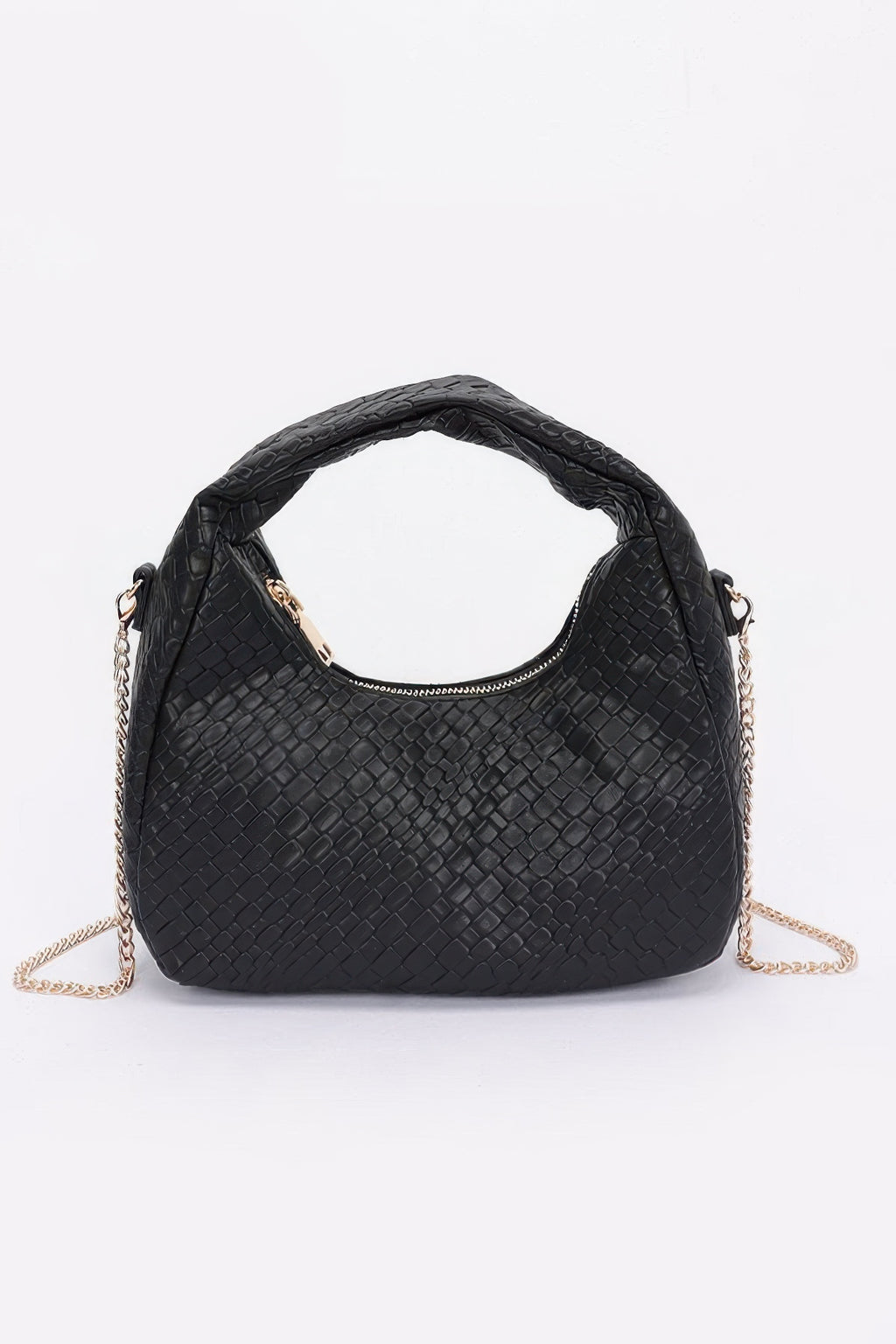 Embossed faux leather hobo bag in black with gold chain strap and curved handle