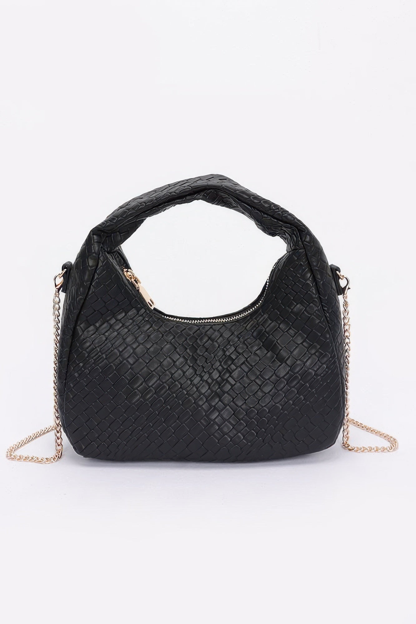 Embossed faux leather hobo bag in black with gold chain strap and curved handle