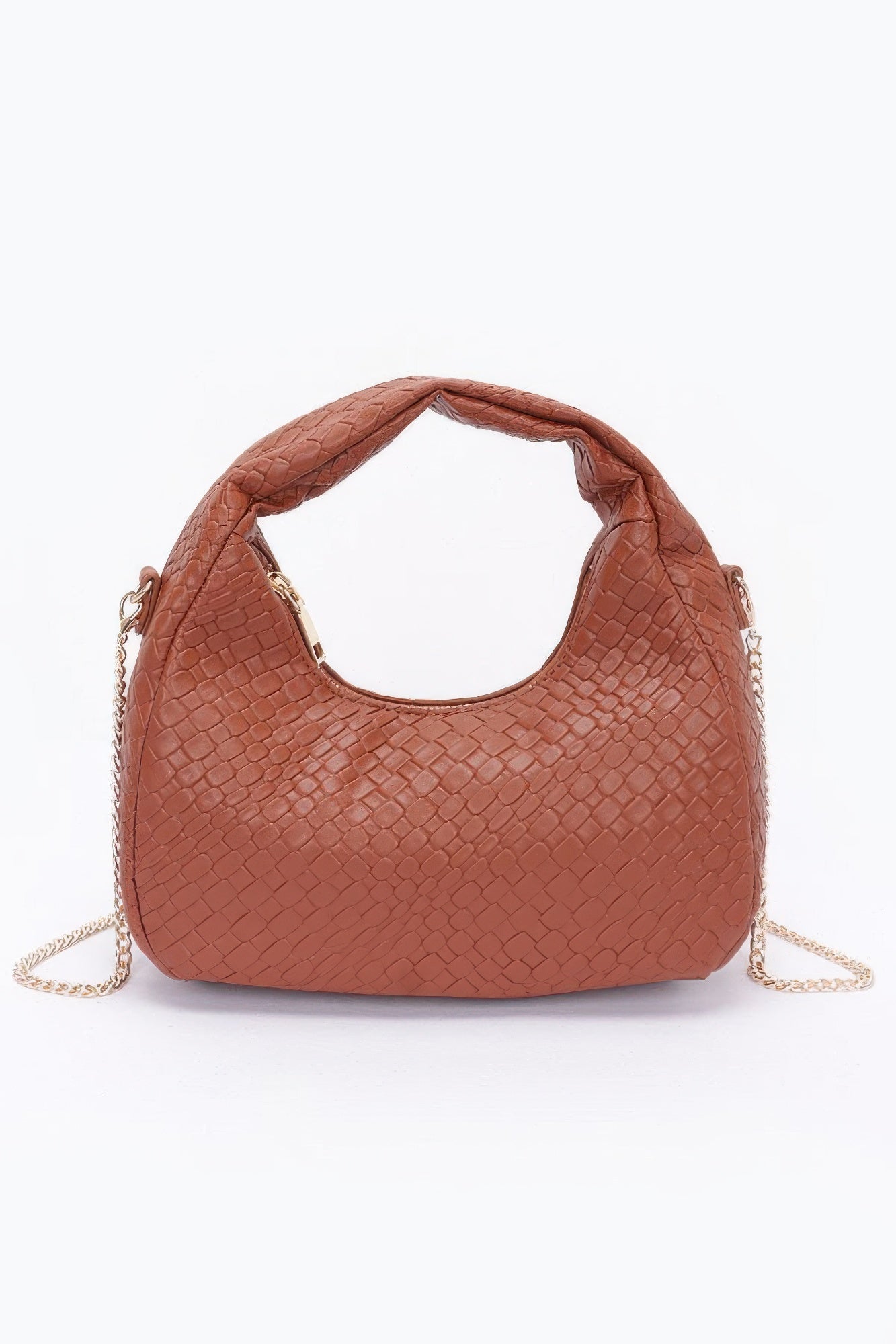 Embossed faux leather hobo bag in brown with chain strap and wide top opening