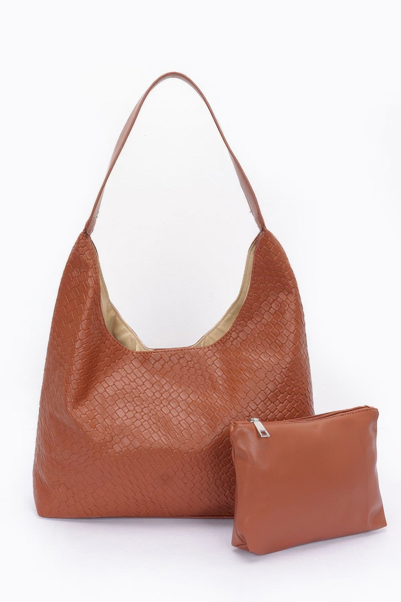 Embossed faux leather shoulder bag, brown with textured pattern and mini pouch set