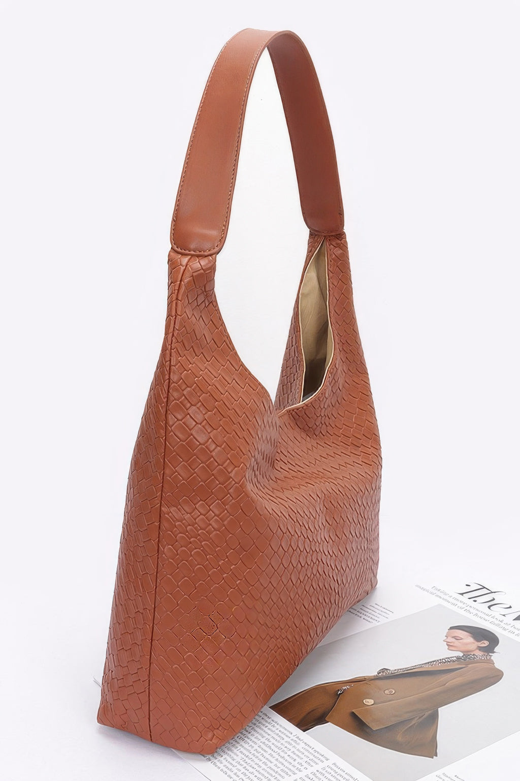 Embossed faux leather shoulder bag, tan textured pattern with sturdy top handles