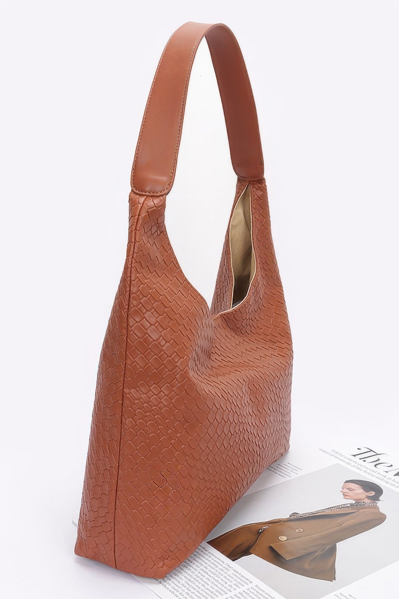 Embossed faux leather shoulder bag, tan textured pattern with sturdy top handles
