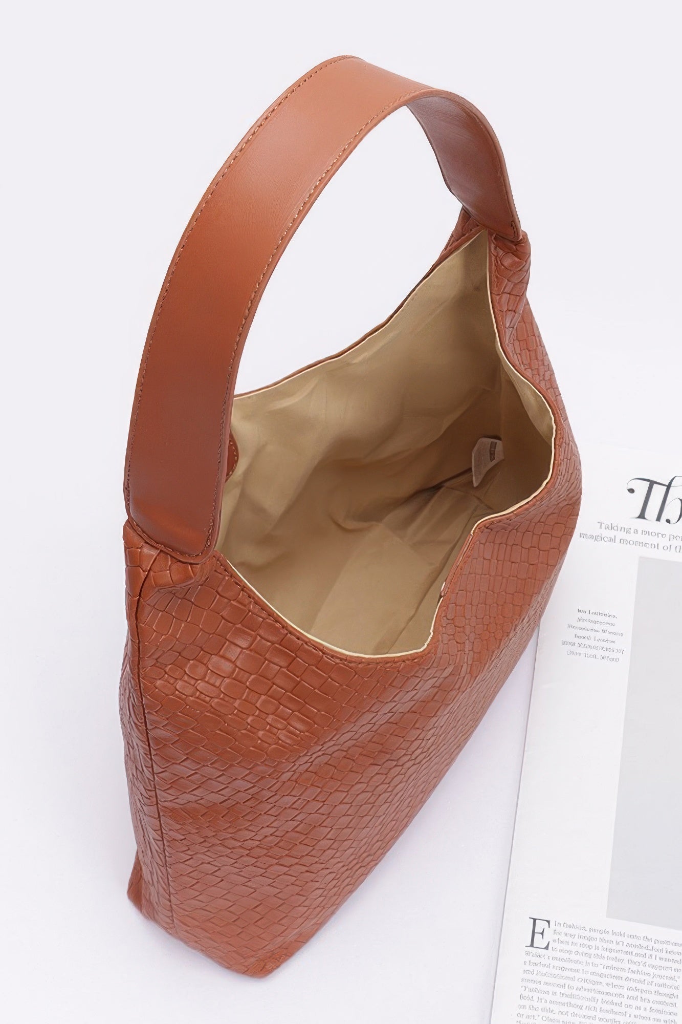 Embossed faux leather shoulder bag, rust-orange with inner pocket and wide opening