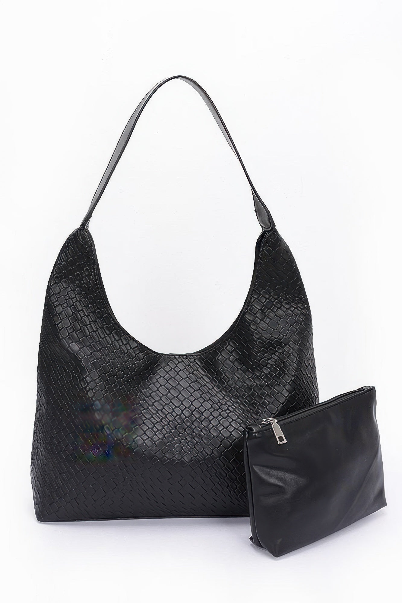 Embossed faux leather shoulder bag, black textured finish with zip mini pouch