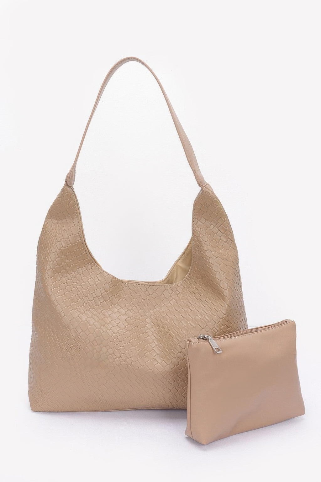 Embossed faux leather shoulder bag, khaki-beige texture with matching mini pouch