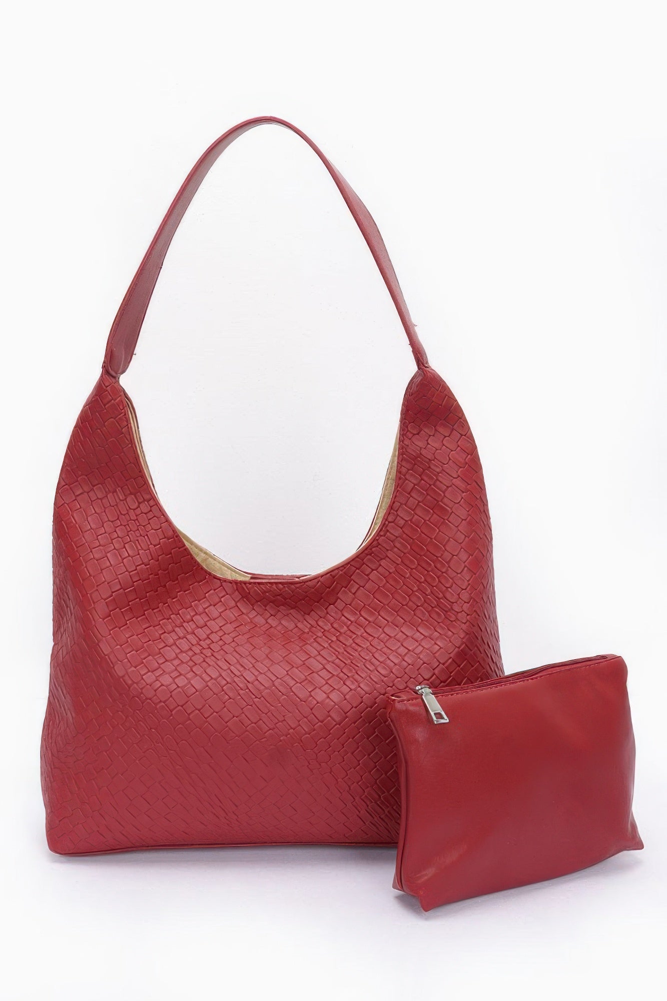 Embossed faux leather shoulder bag, burgundy red textured design with zip mini pouch
