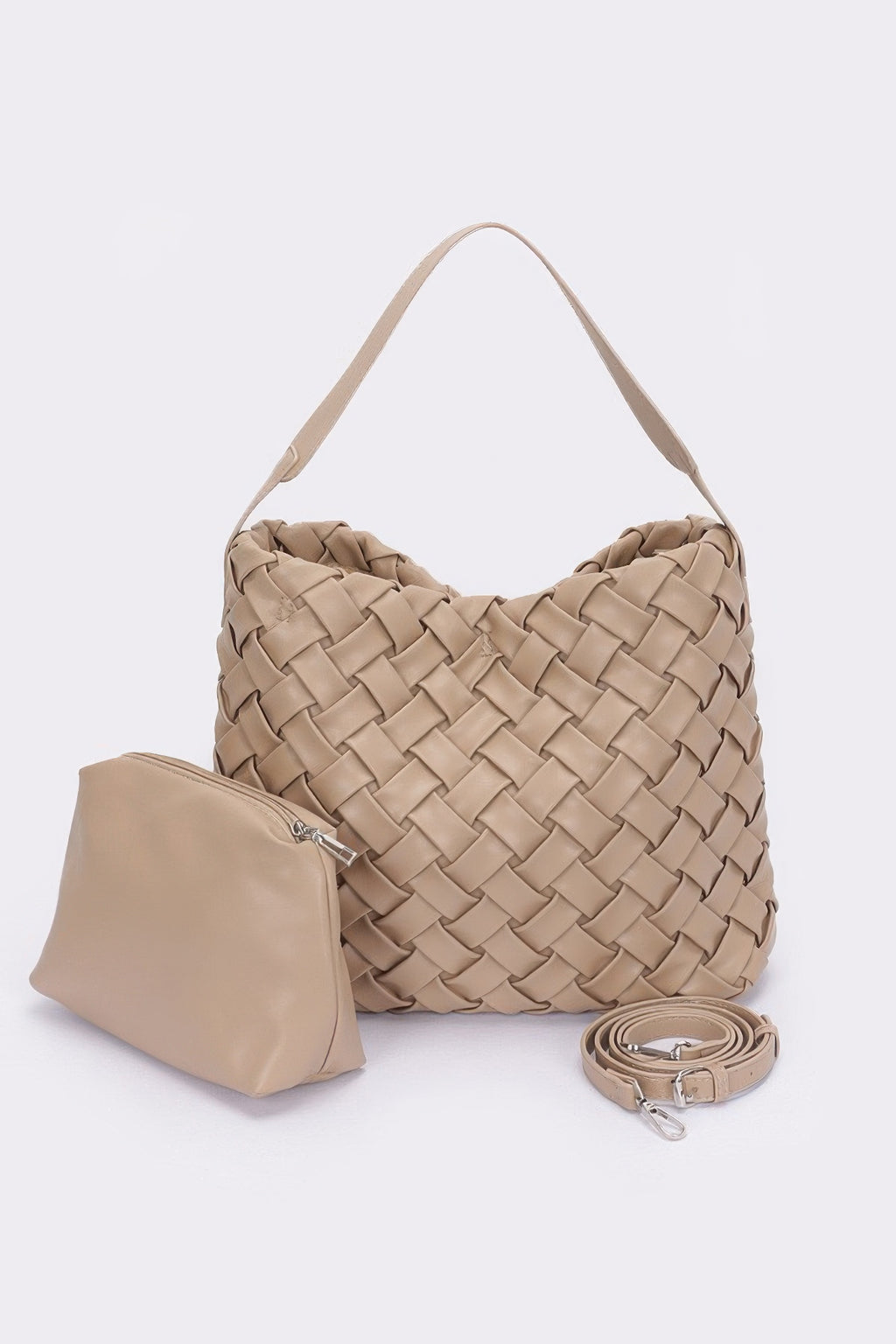 Camelfarbene Flecht-Optik Hobo Bag aus Kunstleder mit Reißverschluss-Täschchen und Gurt