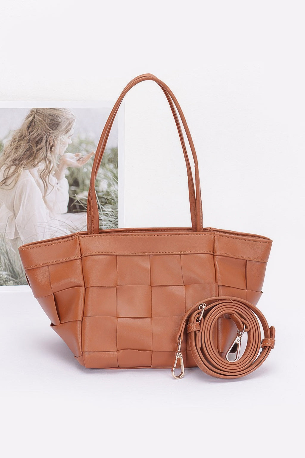 Camel faux leather braided tote bag with woven square panels and braided crossbody strap