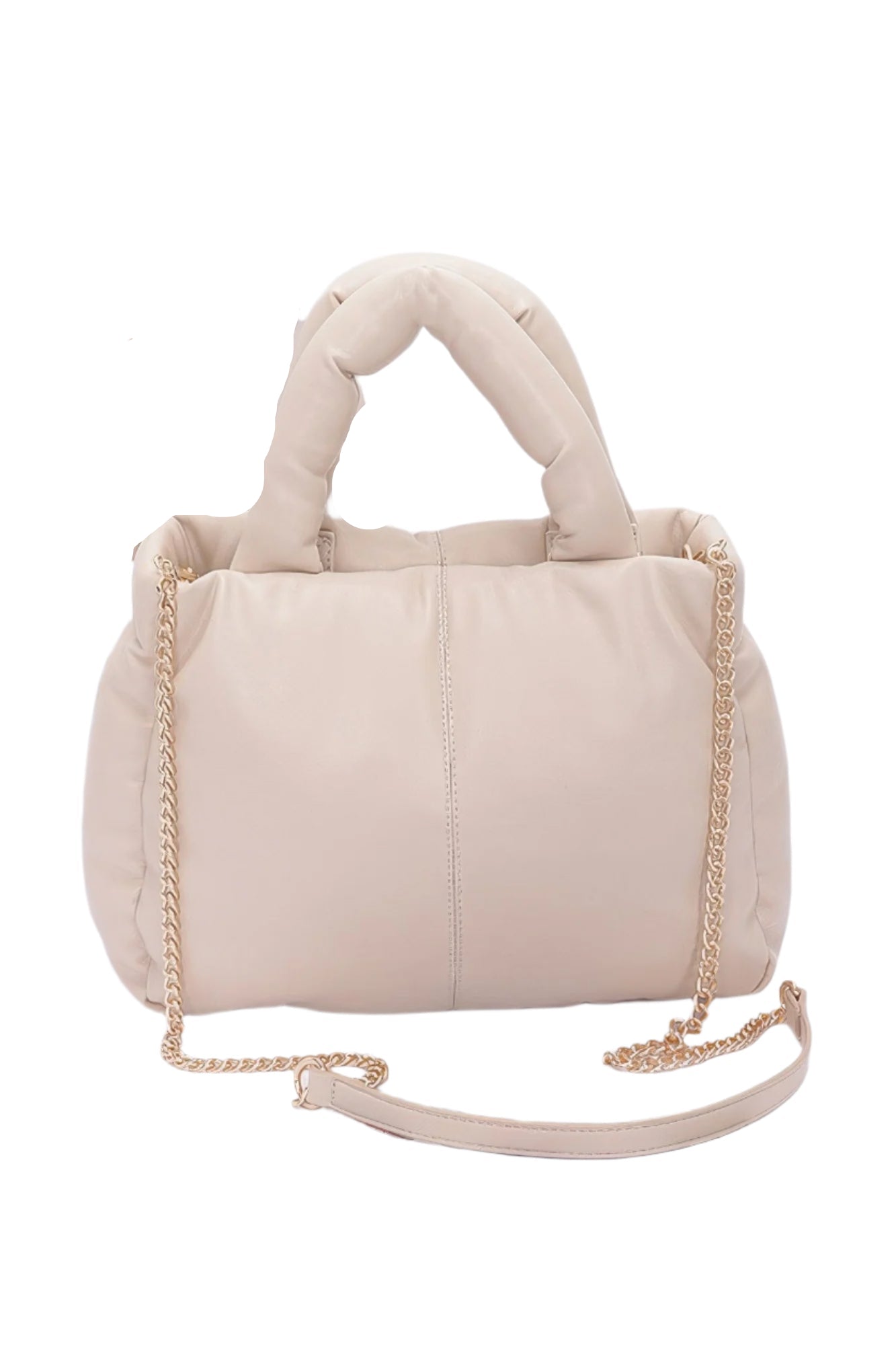 Nude faux leather padded tote bag with chain straps and top handles