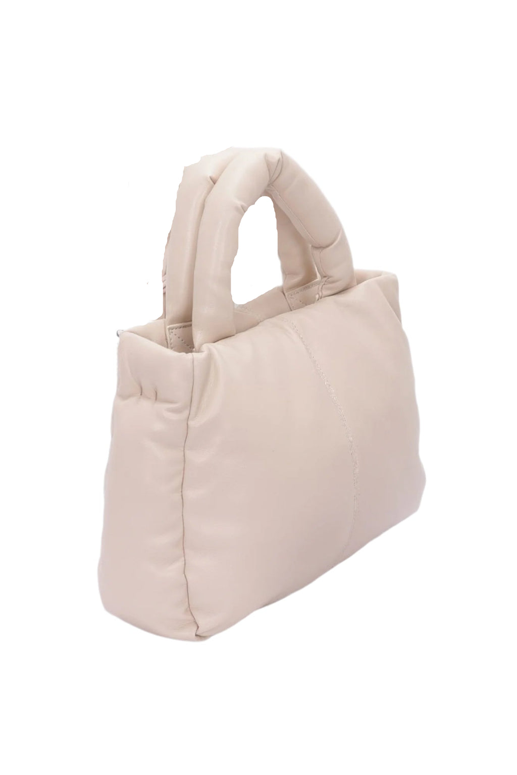 Nude faux leather padded tote bag side view with quilted panels