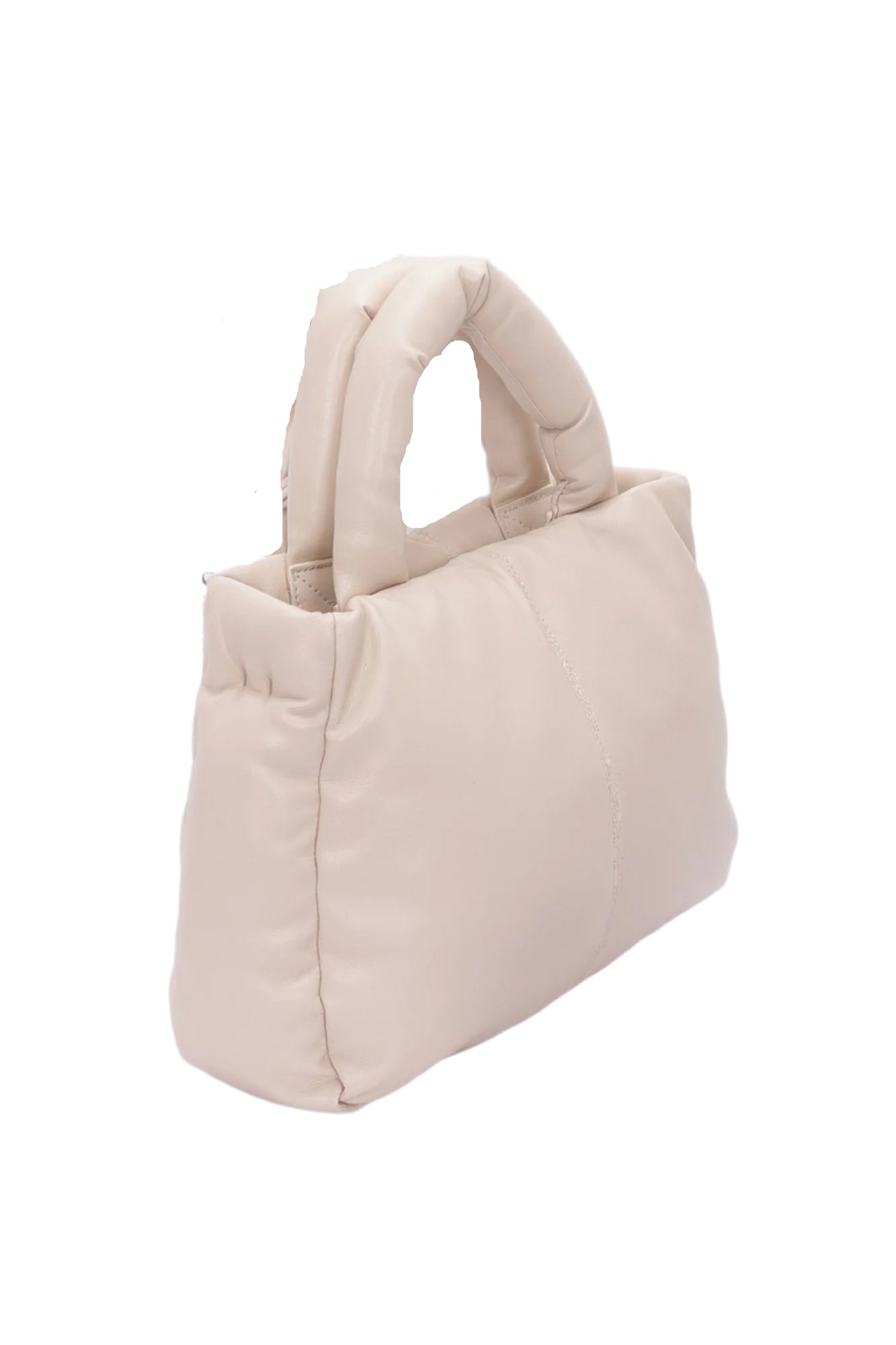 Nude faux leather padded tote bag side view with quilted panels