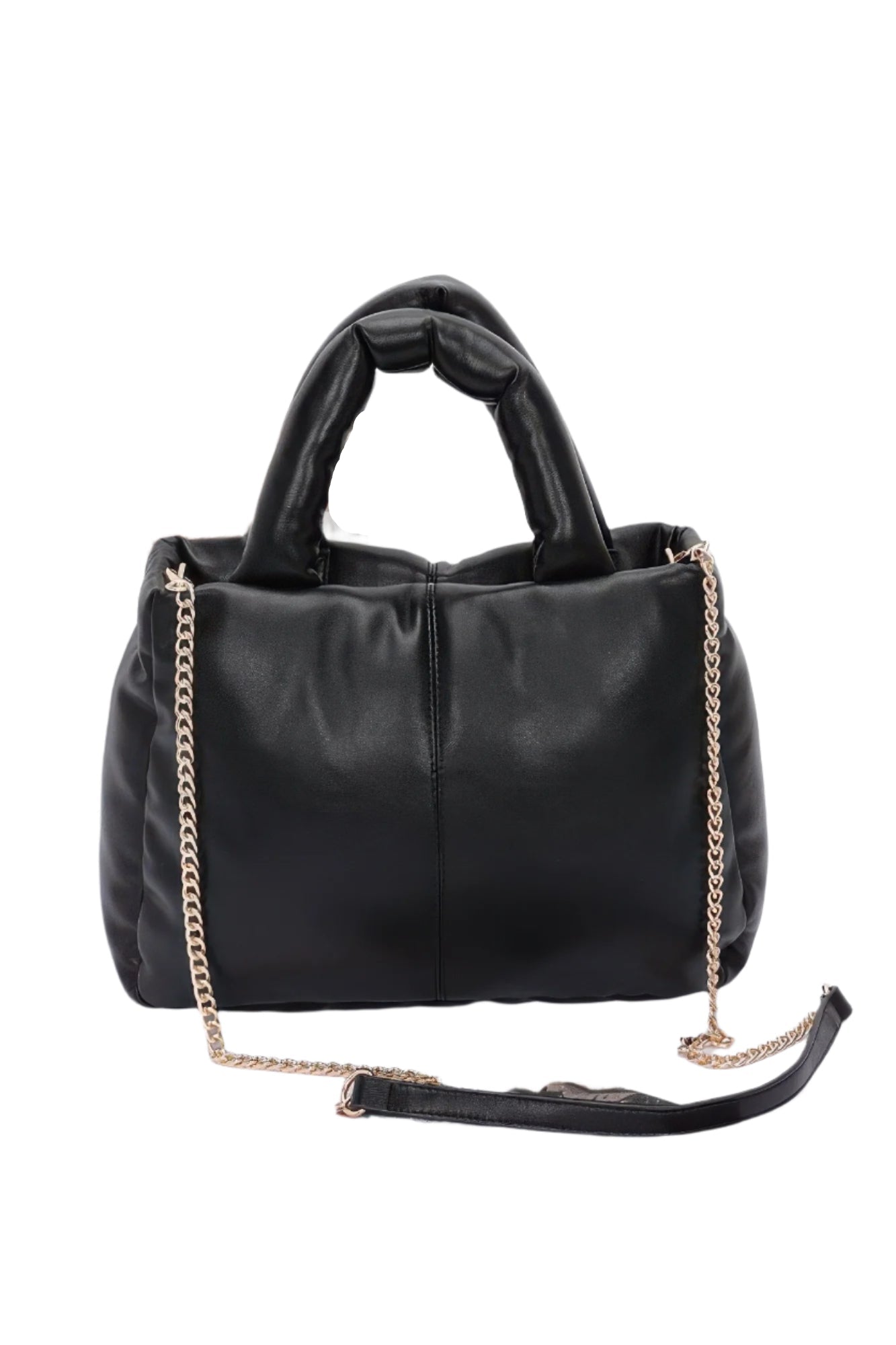 Black faux leather padded tote bag with chain straps and adjustable crossbody strap