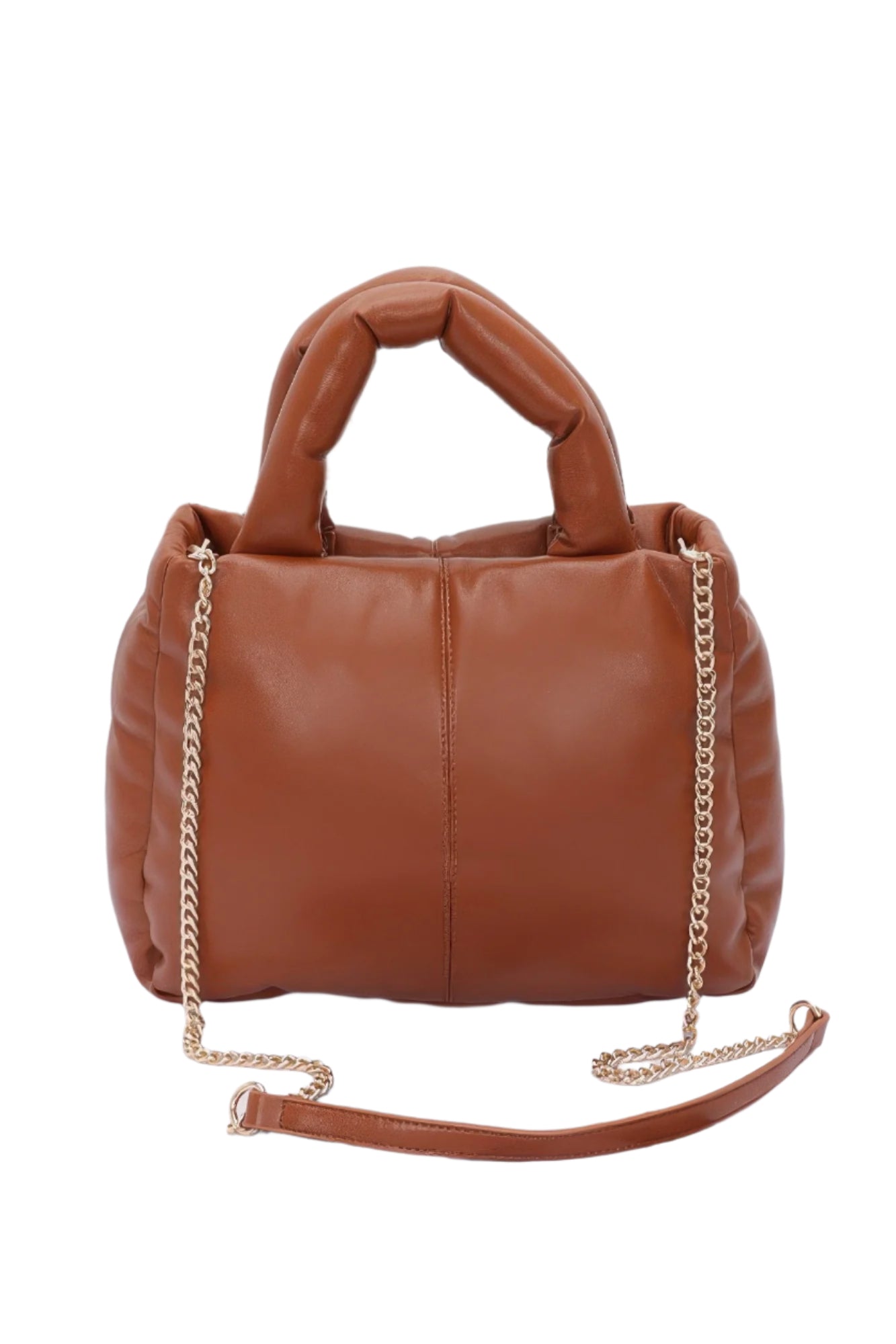 Brown faux leather padded tote bag with chain straps and crossbody strap