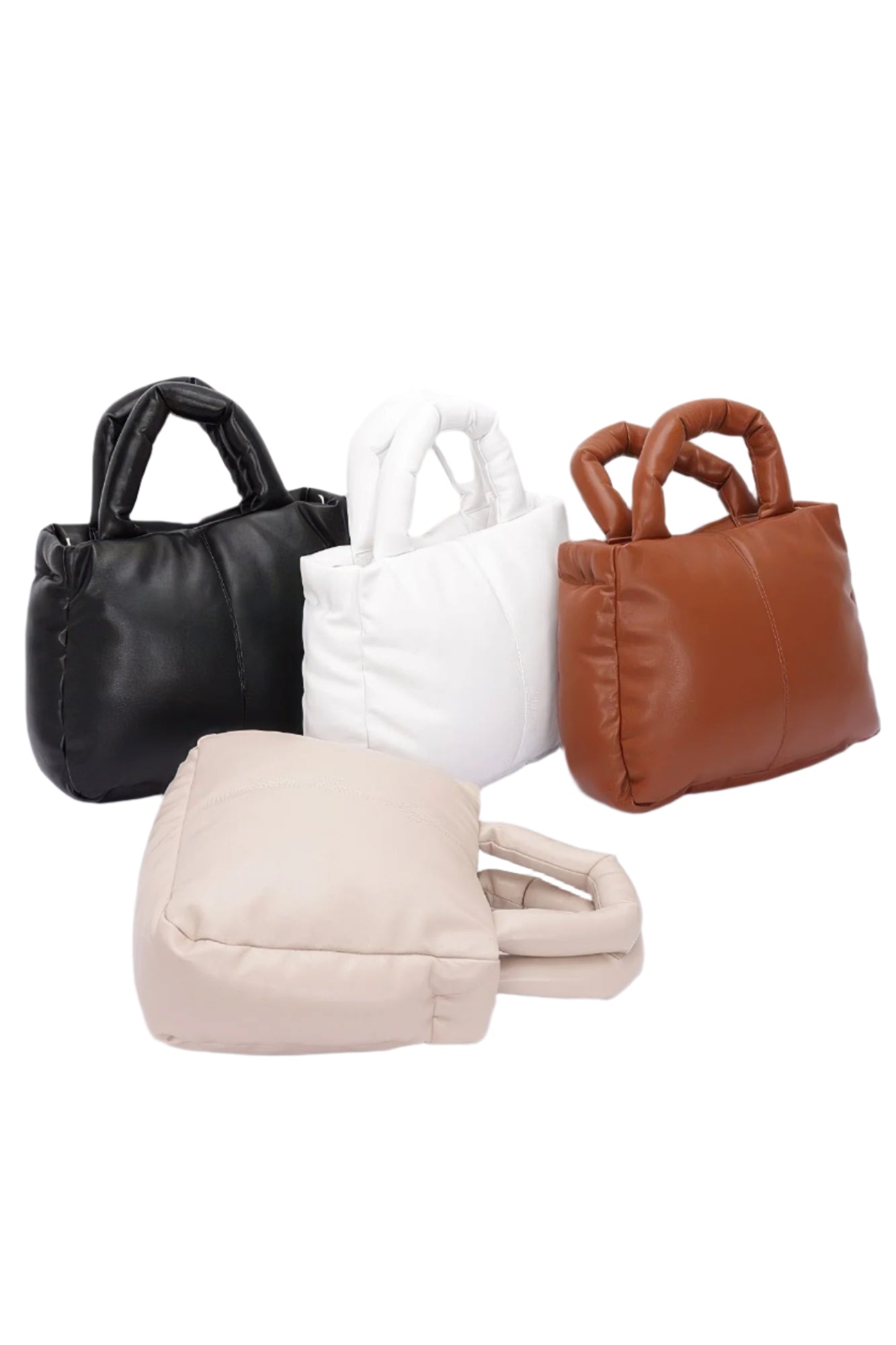 Assorted faux leather padded tote bags in black, white, and brown with chain straps
