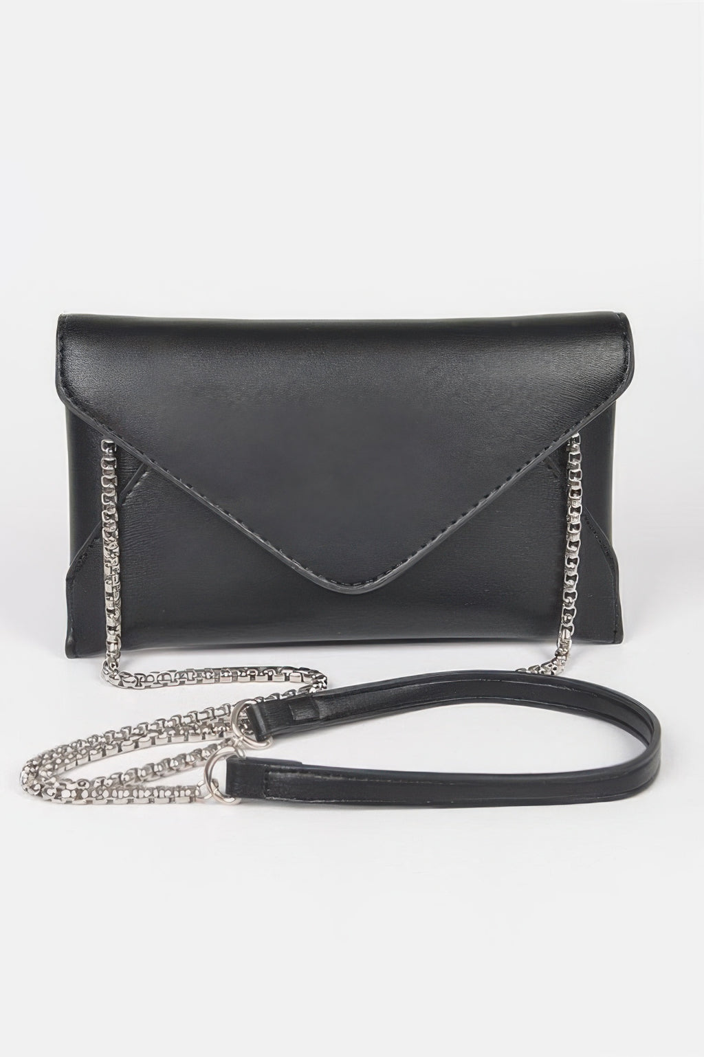 Faux leather small envelope clutch, black, with chain strap and shoulder strap