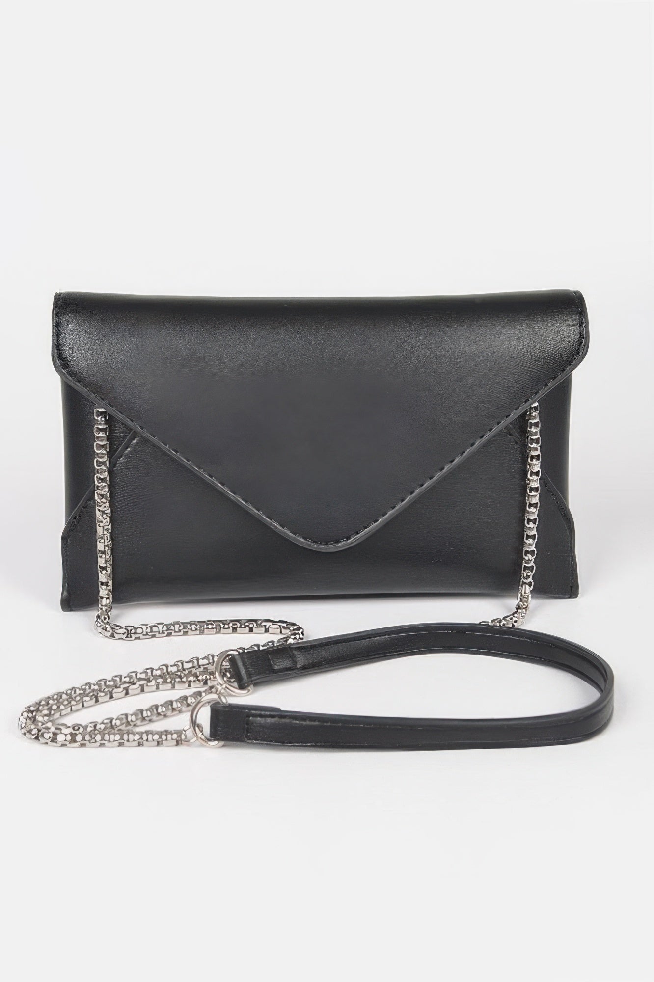 Faux leather small envelope clutch, black, with chain strap and shoulder strap