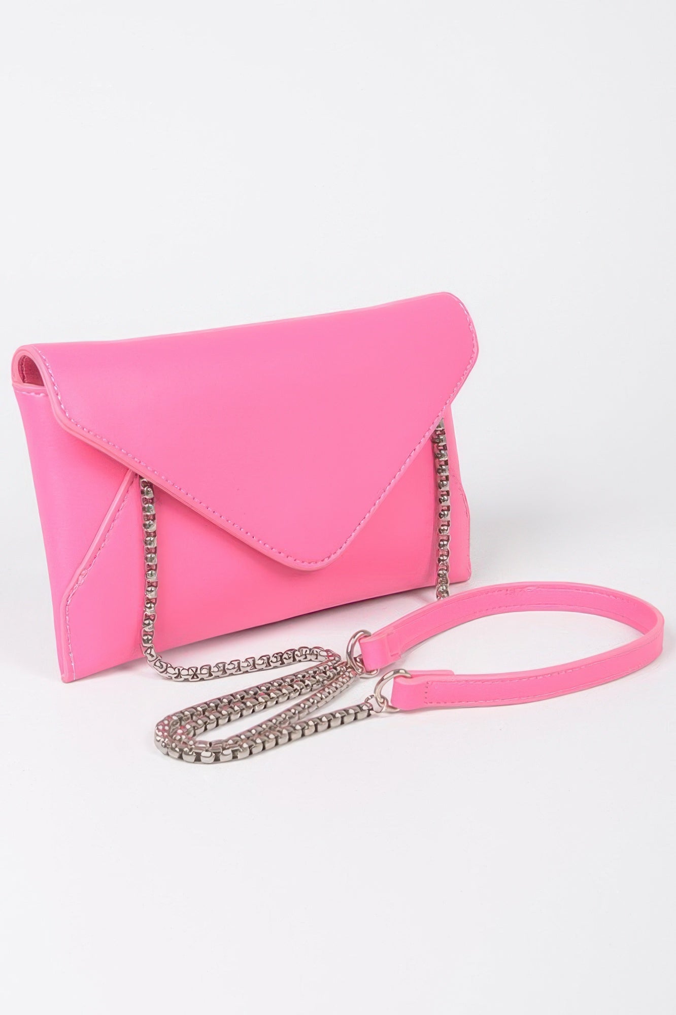 Faux leather small envelope clutch, fuchsia pink, with chain and pink shoulder strap