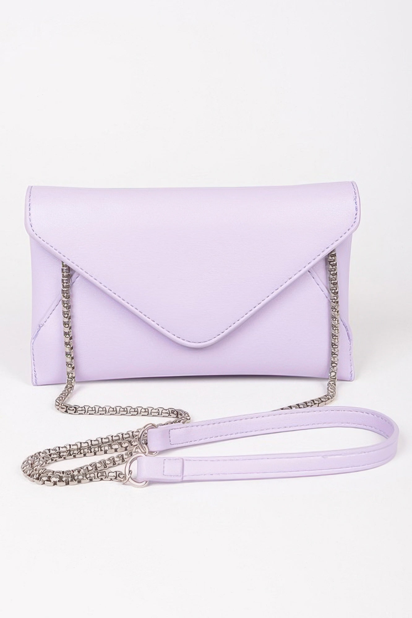 Lavender faux leather small envelope clutch with chain strap and matching shoulder strap