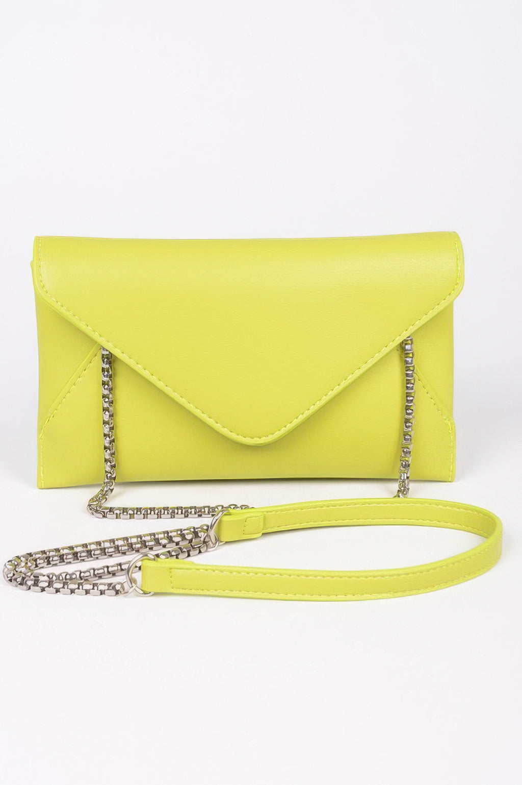 Lime yellow faux leather envelope clutch with chain strap and lime crossbody strap