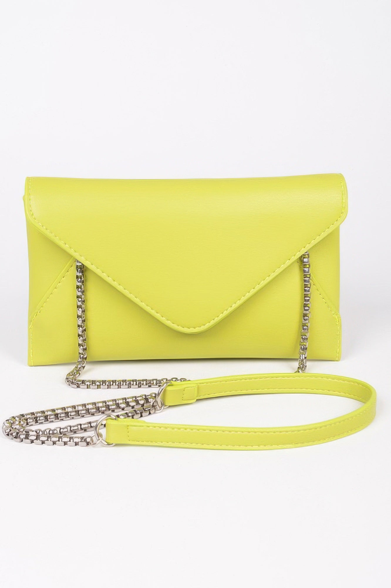 Lime yellow faux leather envelope clutch with chain strap and lime crossbody strap