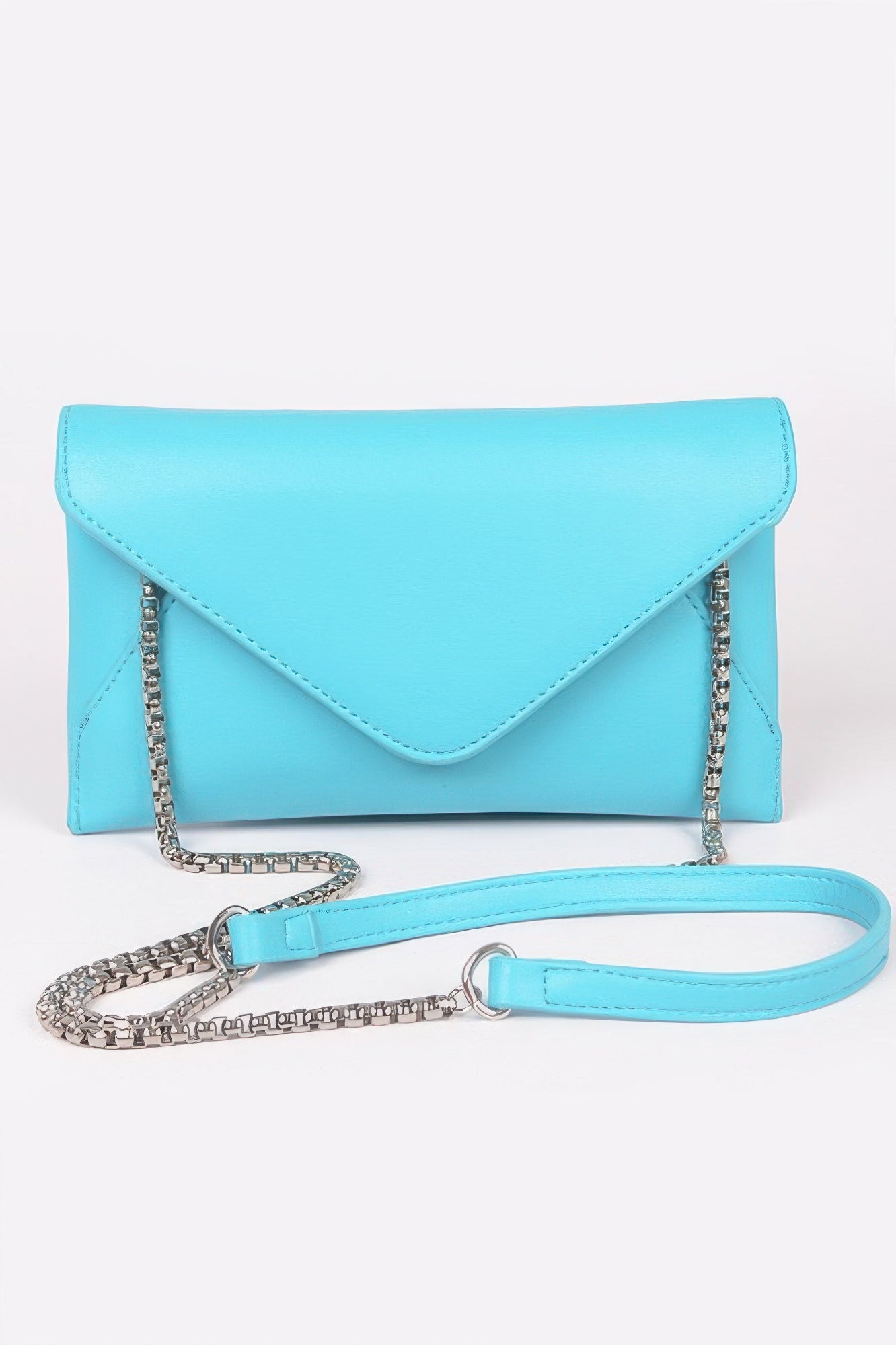 Turquoise faux leather small envelope clutch with chain strap and matching crossbody strap