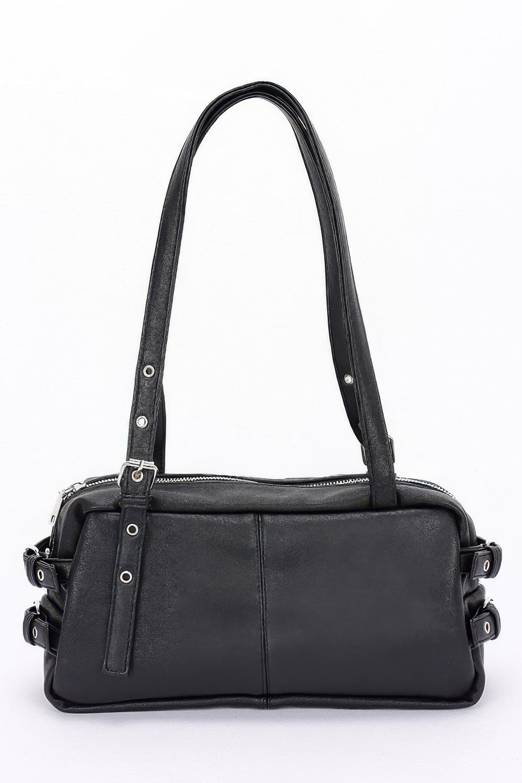 Black faux leather sport bag with dual top handles, zipper, and side strap details
