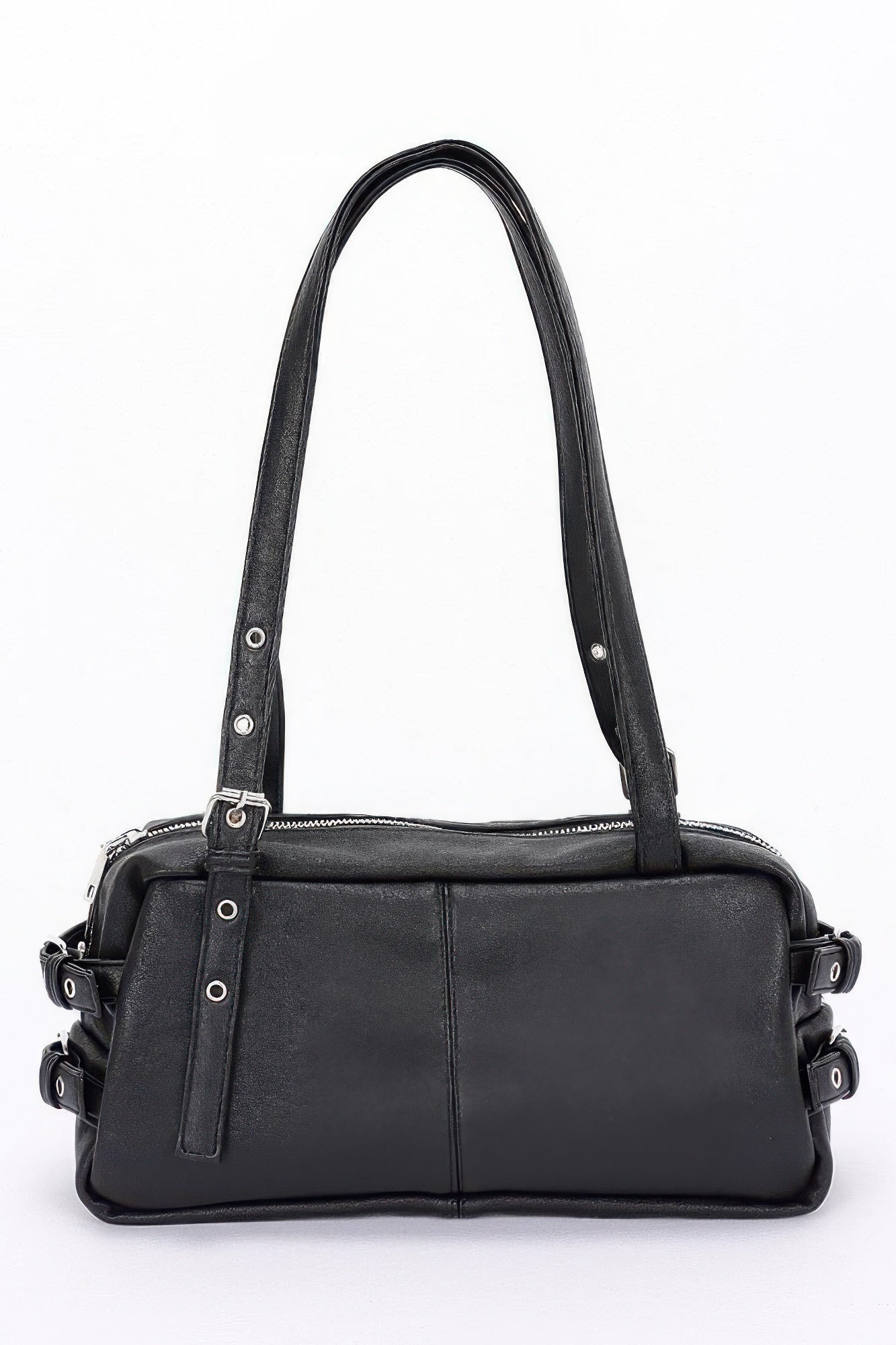 Black faux leather sport bag with dual top handles, zipper, and side strap details