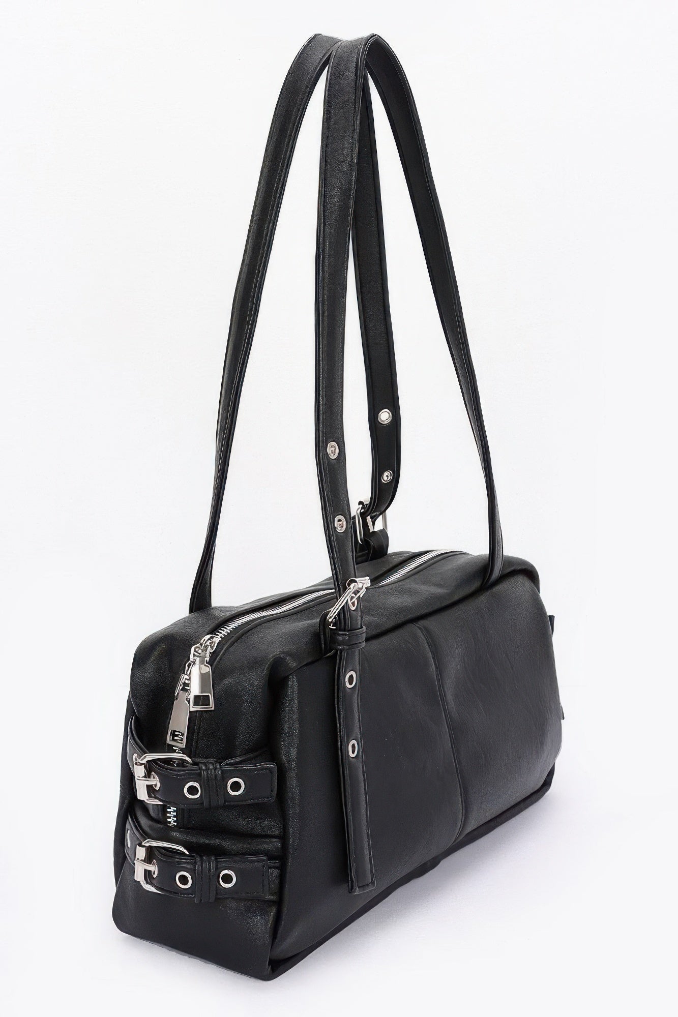 Black faux leather sport bag with long top handles and zip front with hardware accents