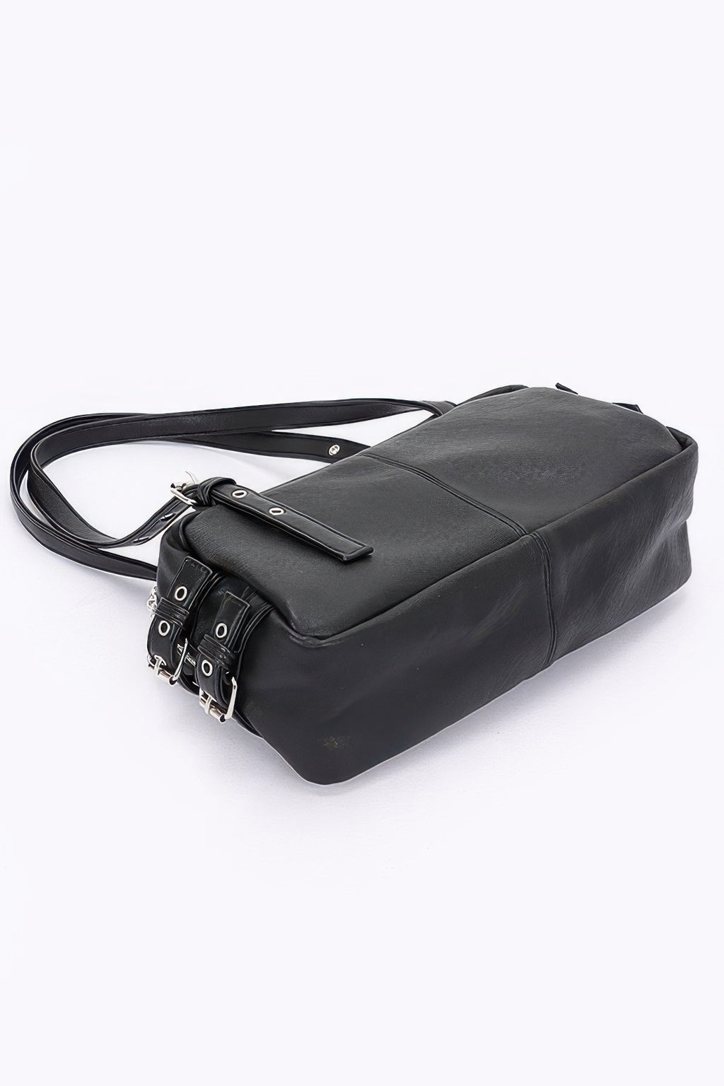 Black faux leather sport bag with long strap, zip front panel, and structured shape