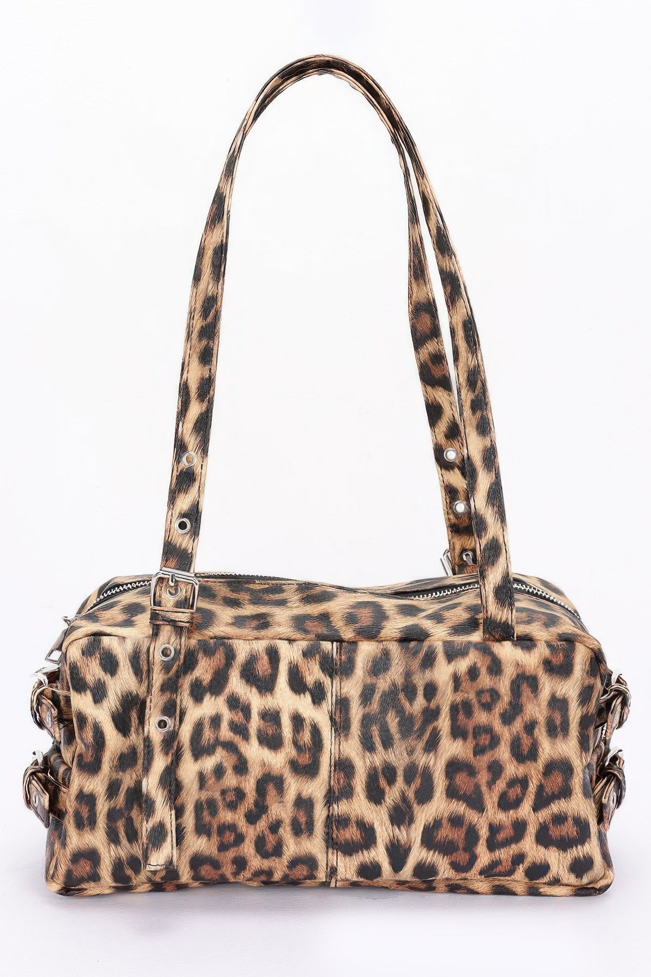 Leopard print faux leather sport bag with top handles and front zipper panel