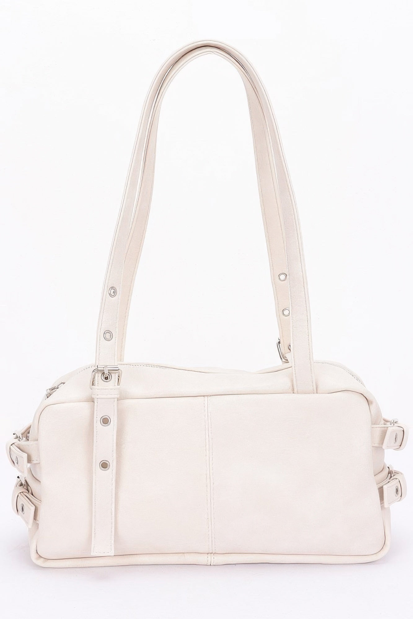 Ivory faux leather sport bag with top handles, zipper closure, and side strap hardware