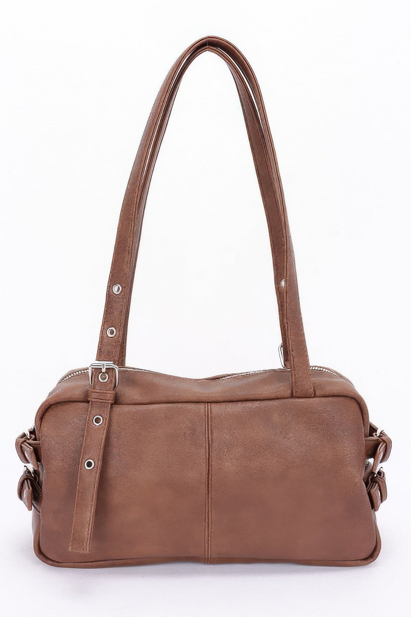 Brown faux leather sport bag with top handles, zip closure, and side buckle straps