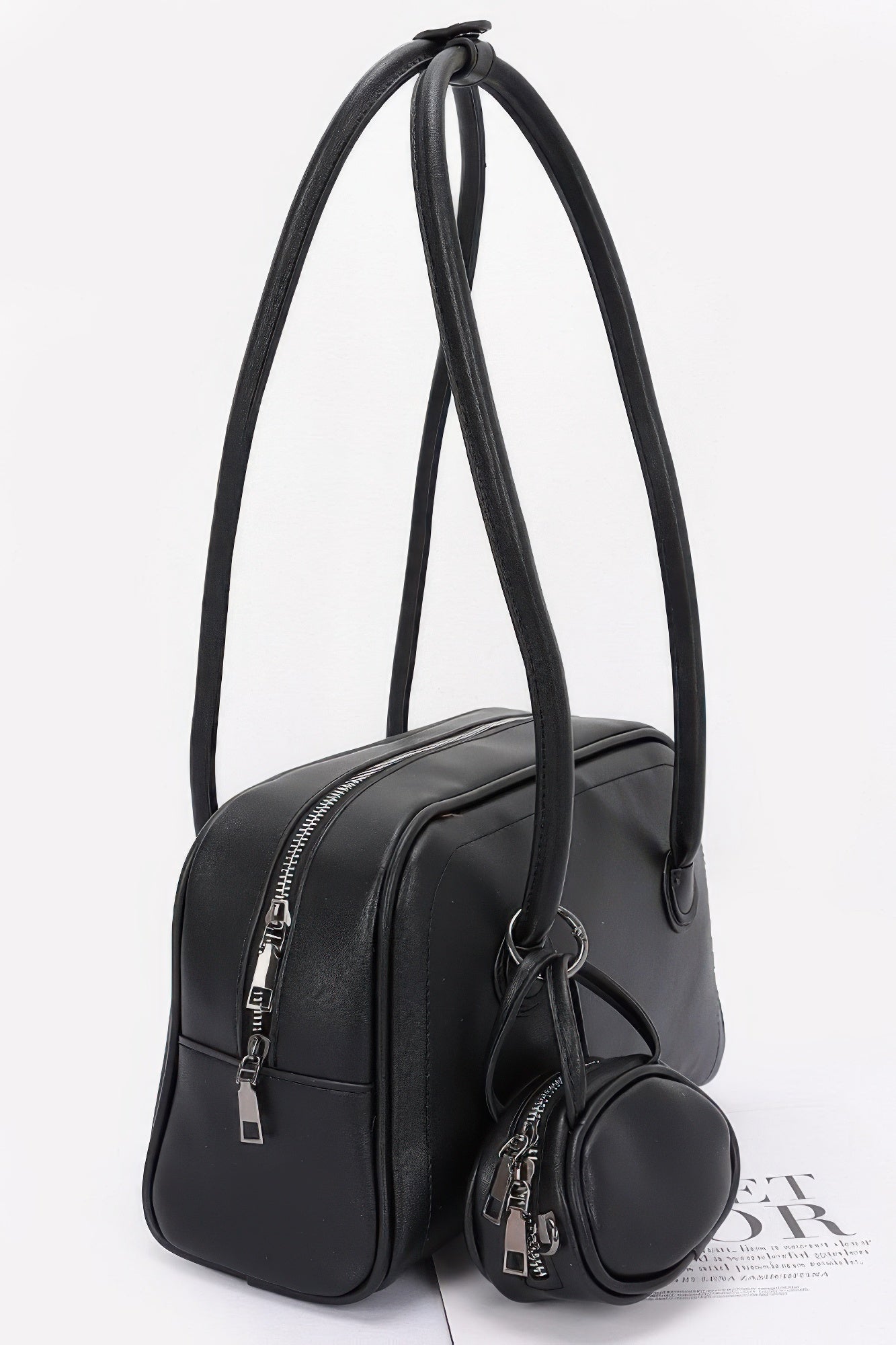 Faux Leder Sporttasche-Set in Schwarz mit Schulterriemen und kleinem Reißverschluss-Beutel