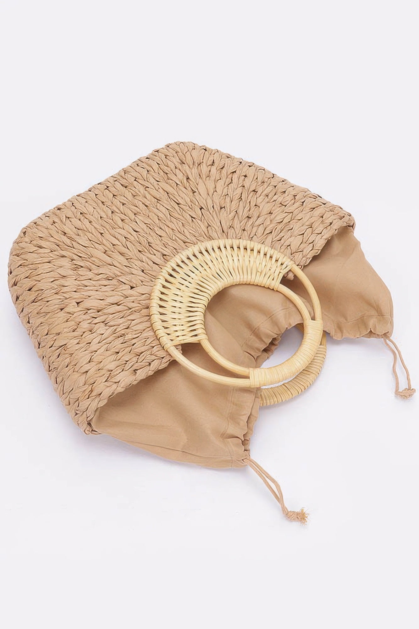 Khaki faux straw tote bag with beige inner lining and drawstring tie detail