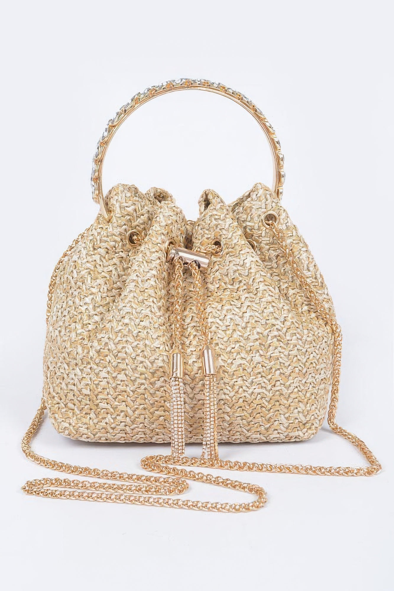 Natural faux straw bucket bag with stone-look handle and drawstring closure