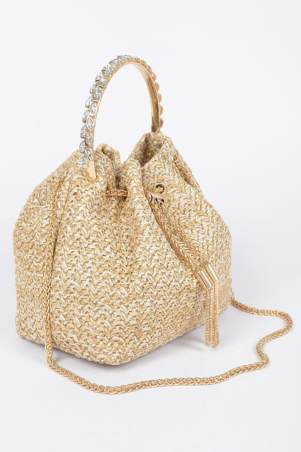 Natural faux straw bucket bag with top handle, front drawstring and long strap