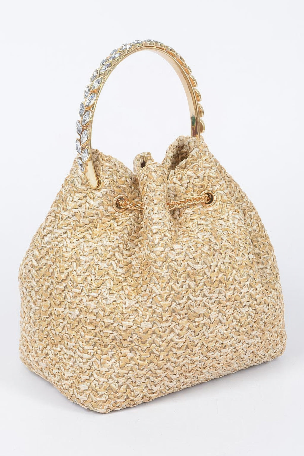 Natural faux straw bucket bag with gold-tone hardware, round top handle and clasp