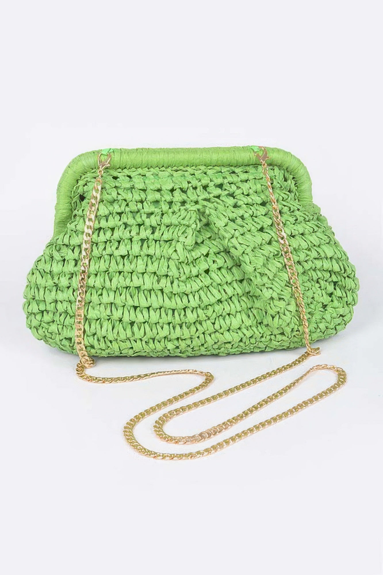 Faux straw clutch handbag in green with gold chain strap