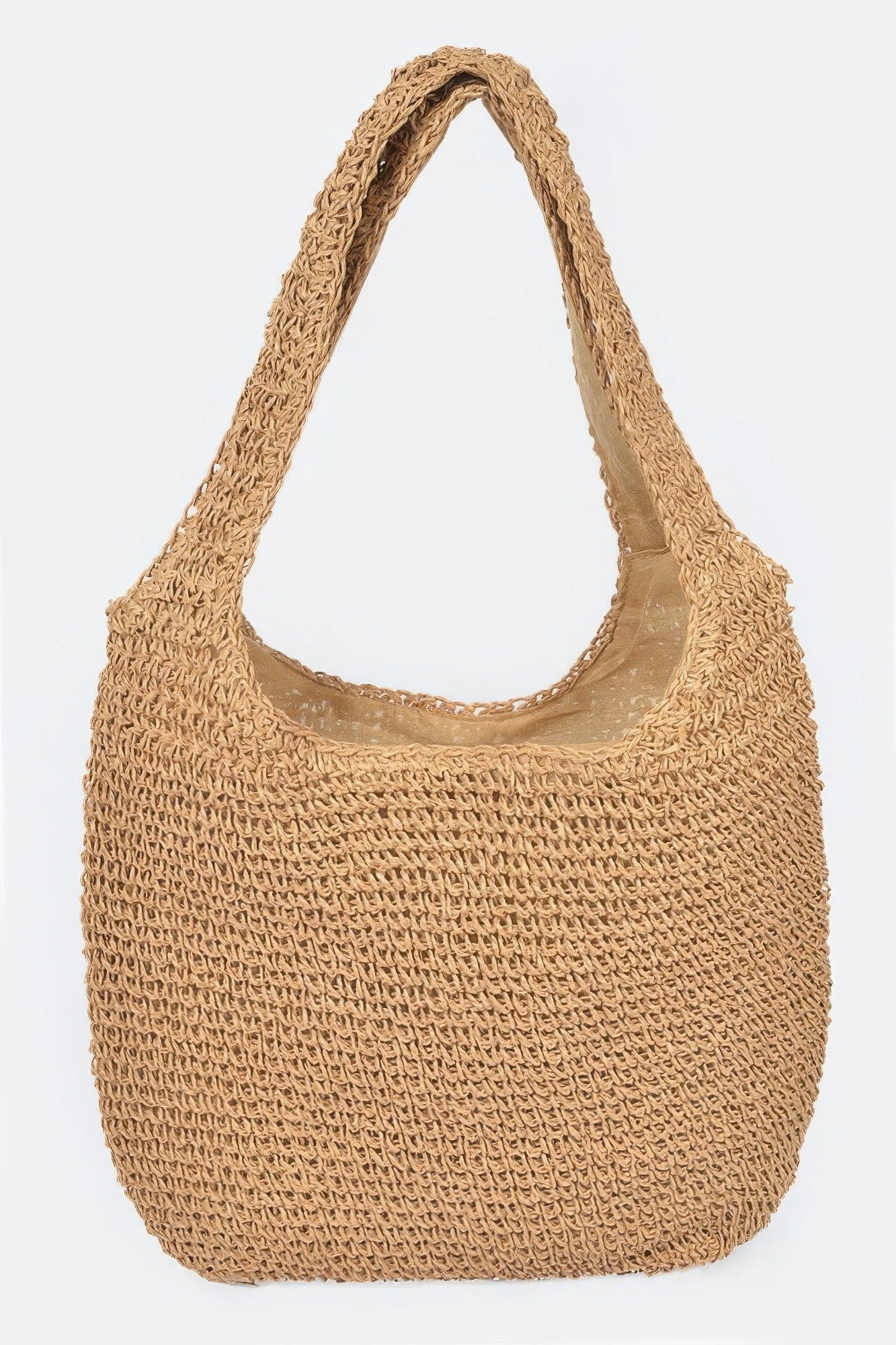 Faux Straw Hobo Bag in tan woven texture with short top handles