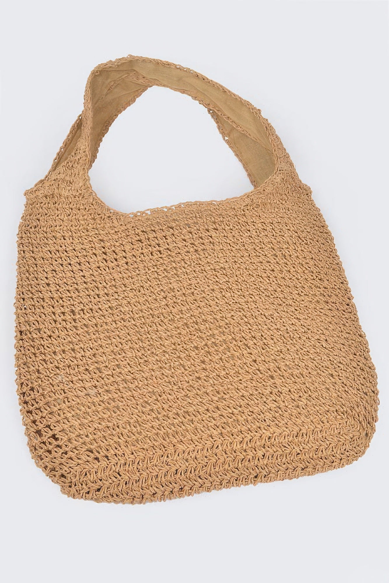 Faux straw hobo bag with textured oval body and short top handles