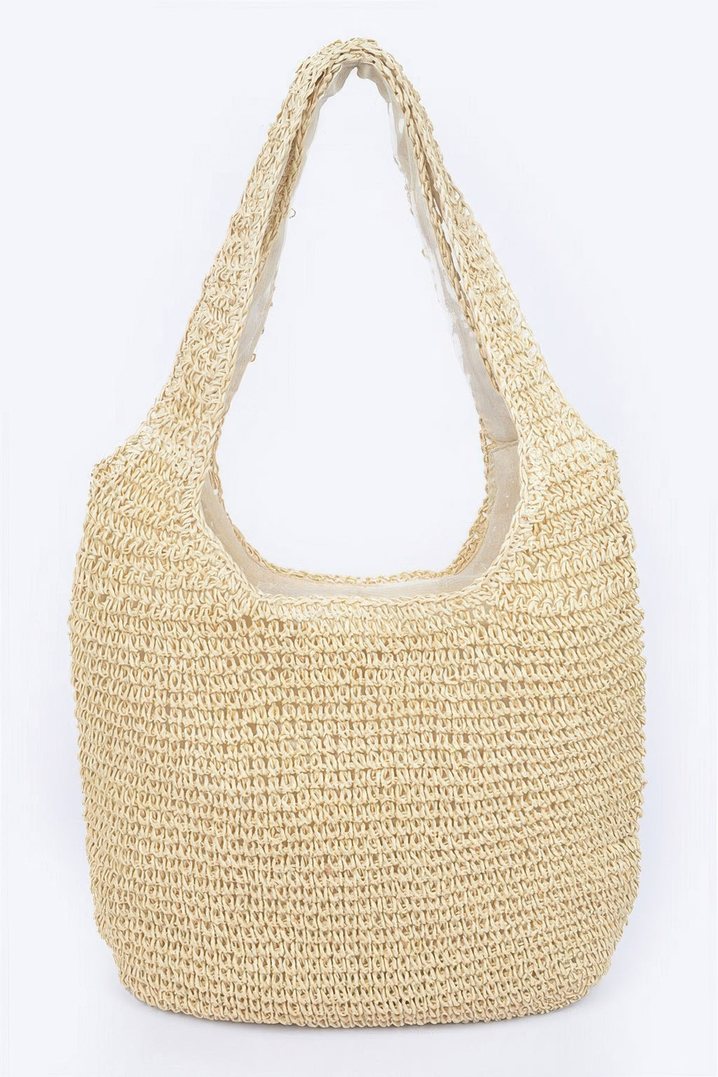 Ivory faux straw hobo bag with textured weave and wide open top