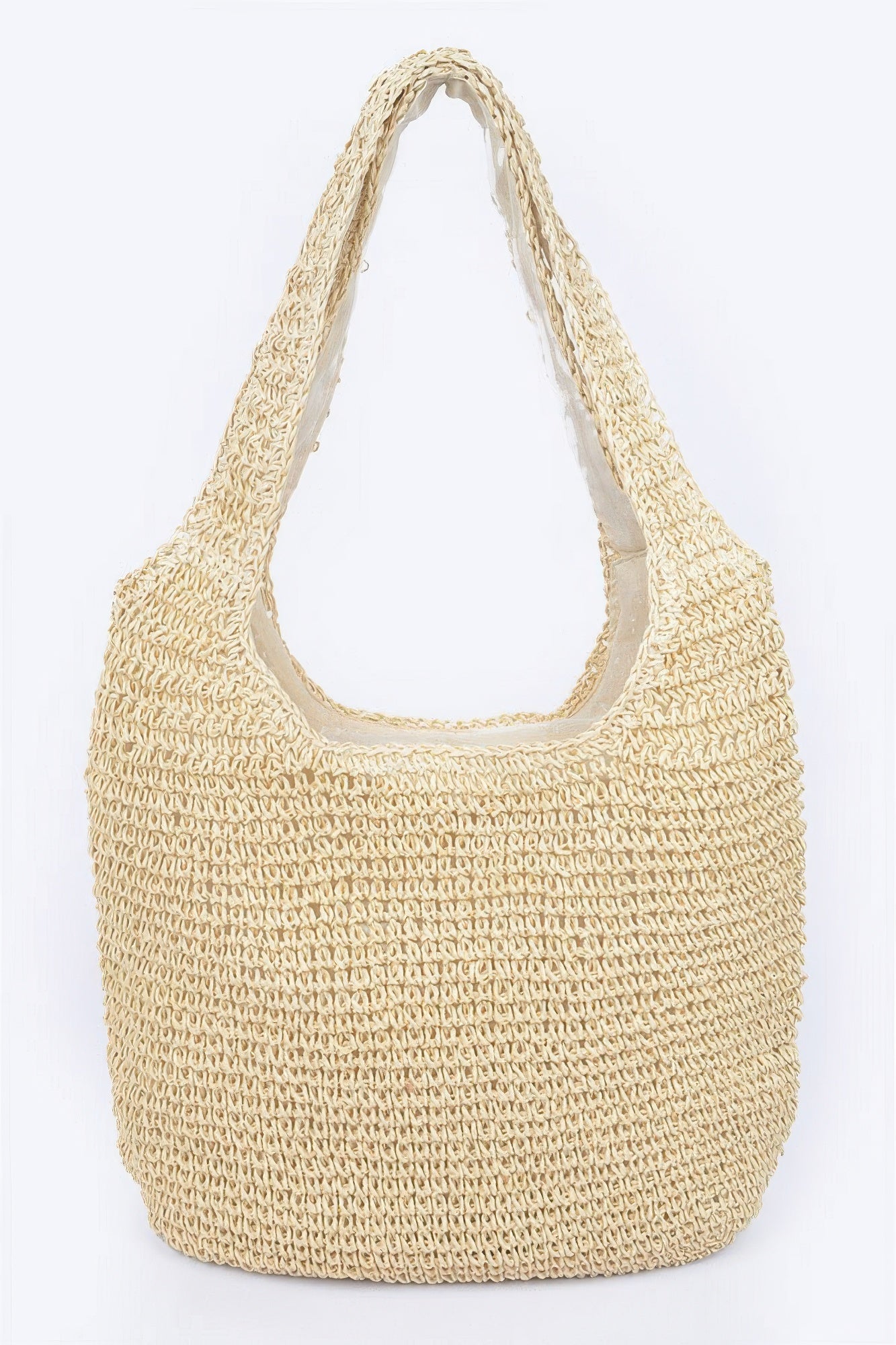 Ivory faux straw hobo bag with textured weave and wide open top