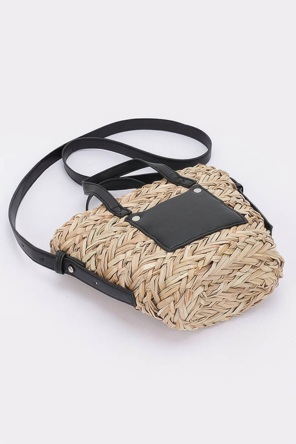 Camel faux straw small tote with black crossbody strap and front leather pocket