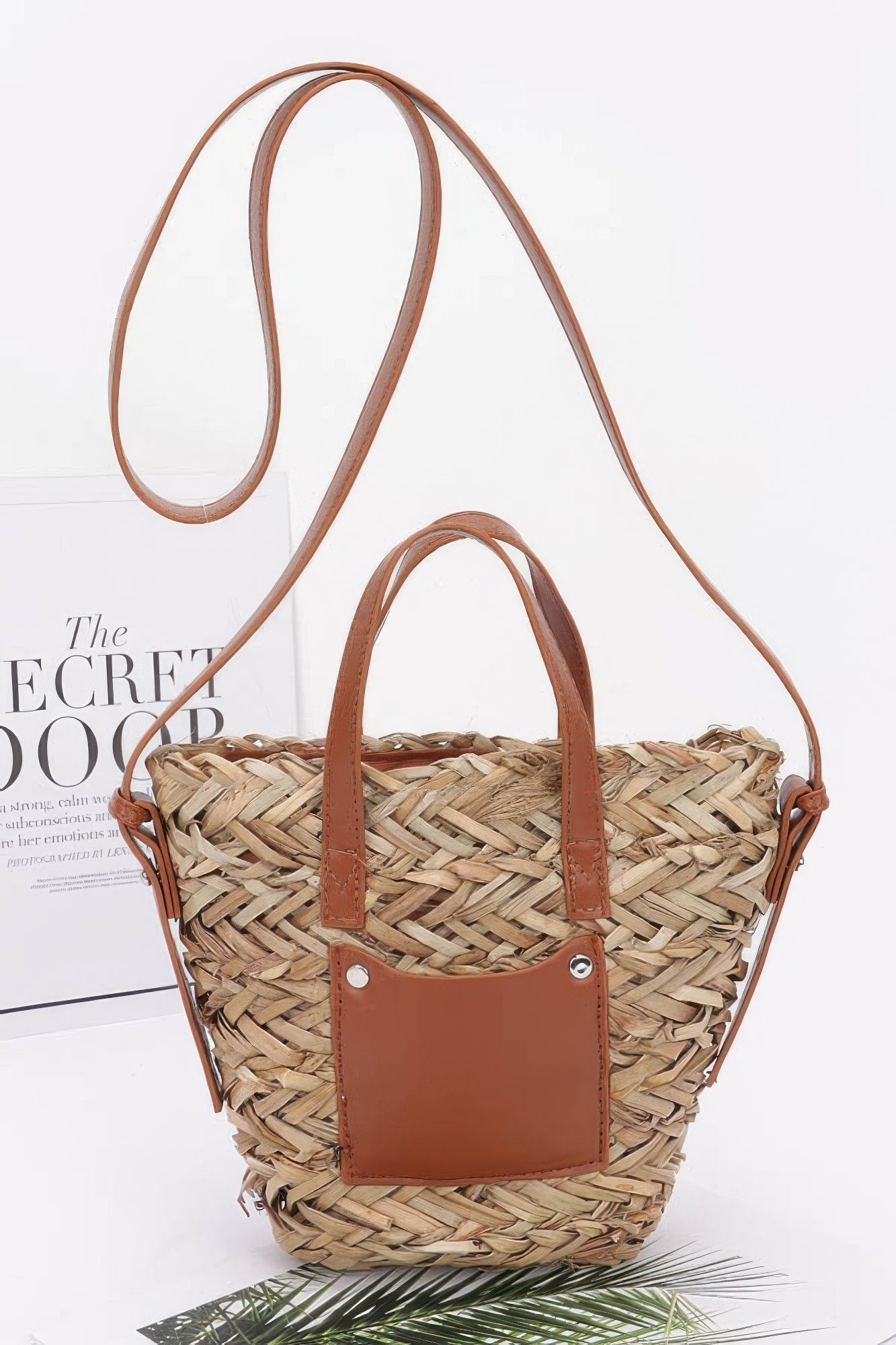 Faux straw small tote bag in camel with tan leather pocket and matching shoulder straps
