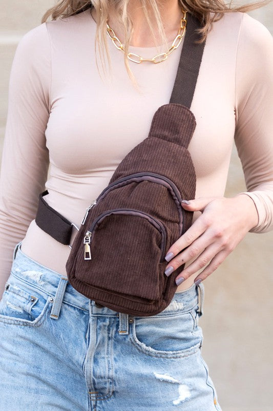 Ingrid Double Zip Corduroy Sling Bag - Tigbul's Variety Fashion Shop