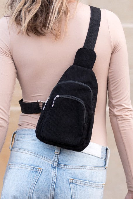 Ingrid Double Zip Corduroy Sling Bag - Tigbul's Variety Fashion Shop