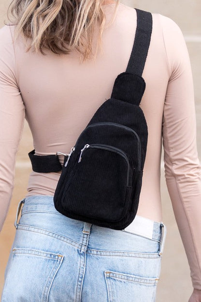Ingrid Double Zip Corduroy Sling Bag - Tigbul's Variety Fashion Shop